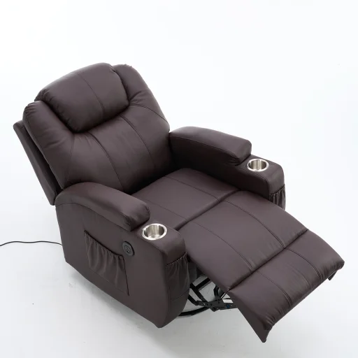 Elektromos fekvőfotel, relax fotelágy 8 pontos masszázs magyar nyelvű távirányítóval, ringató, forgatható rozsdamentes pohártartó AIR leather sötétbarna - 26