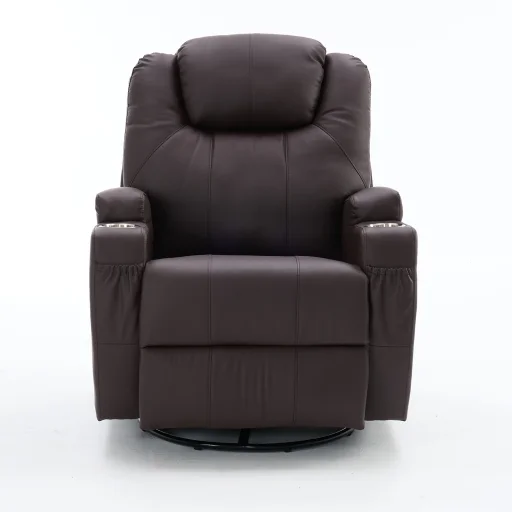 Elektromos fekvőfotel, relax fotelágy 8 pontos masszázs magyar nyelvű távirányítóval, ringató, forgatható rozsdamentes pohártartó AIR leather sötétbarna - 27
