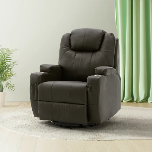 Elektromos fekvőfotel, relax fotelágy 8 pontos masszázs magyar nyelvű távirányítóval, ringató, forgatható rozsdamentes pohártartó AIR leather sötétbarna - 1