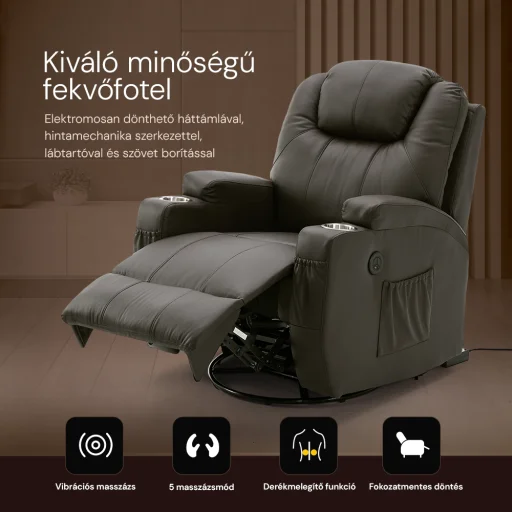 Elektromos fekvőfotel, relax fotelágy 8 pontos masszázs magyar nyelvű távirányítóval, ringató, forgatható rozsdamentes pohártartó AIR leather sötétbarna - 5