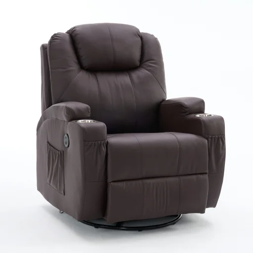 Elektromos fekvőfotel, relax fotelágy 8 pontos masszázs magyar nyelvű távirányítóval, ringató, forgatható rozsdamentes pohártartó AIR leather sötétbarna - 6