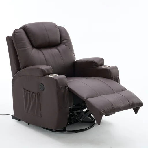 Elektromos fekvőfotel, relax fotelágy 8 pontos masszázs magyar nyelvű távirányítóval, ringató, forgatható rozsdamentes pohártartó AIR leather sötétbarna - 7