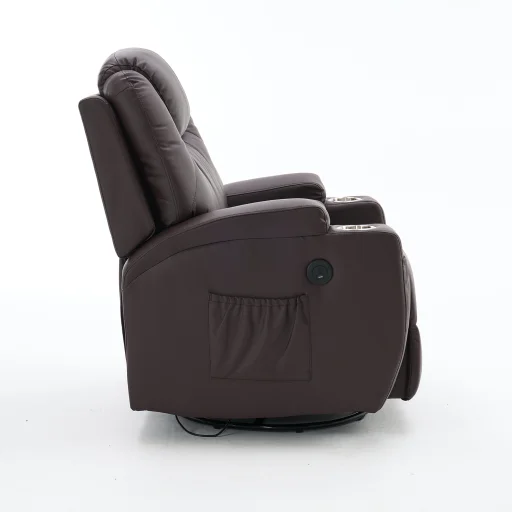 Elektromos fekvőfotel, relax fotelágy 8 pontos masszázs magyar nyelvű távirányítóval, ringató, forgatható rozsdamentes pohártartó AIR leather sötétbarna - 8