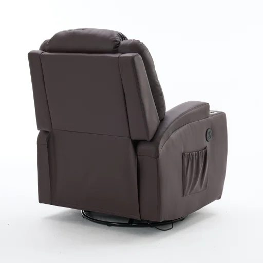 Elektromos fekvőfotel, relax fotelágy 8 pontos masszázs magyar nyelvű távirányítóval, ringató, forgatható rozsdamentes pohártartó AIR leather sötétbarna - 10
