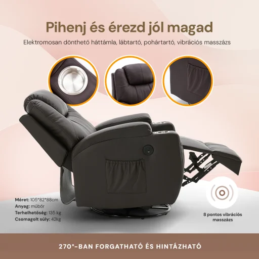 Elektromos fekvőfotel, relax fotelágy 8 pontos masszázs magyar nyelvű távirányítóval, ringató, forgatható rozsdamentes pohártartó AIR leather sötétbarna - 2
