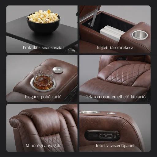 Luxus, egyszemélyes fekvőfotel, relax fotelágy elektromosan dönthető háttámlával, lábtartóval, pohártartóval és világítással barna bőr (L4630-3906) - 3
