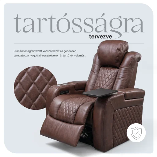 Luxus, egyszemélyes fekvőfotel, relax fotelágy elektromosan dönthető háttámlával, lábtartóval, pohártartóval és világítással barna bőr (L4630-3906) - 4