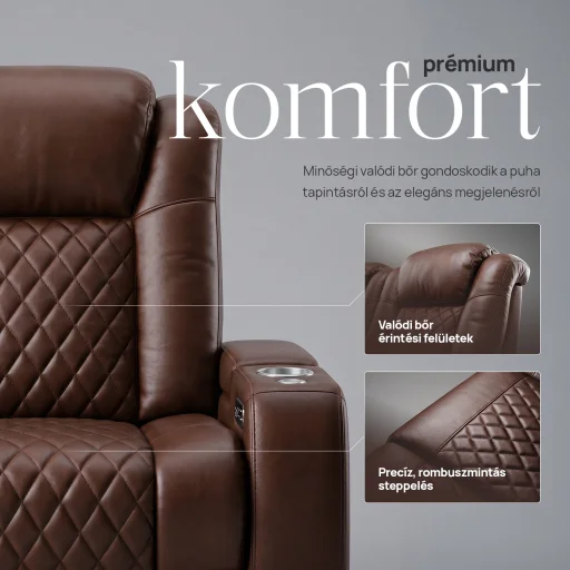 Luxus, egyszemélyes fekvőfotel, relax fotelágy elektromosan dönthető háttámlával, lábtartóval, pohártartóval és világítással barna bőr (L4630-3906) - 5