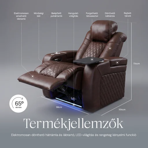 Luxus, egyszemélyes fekvőfotel, relax fotelágy elektromosan dönthető háttámlával, lábtartóval, pohártartóval és világítással barna bőr (L4630-3906) - 7