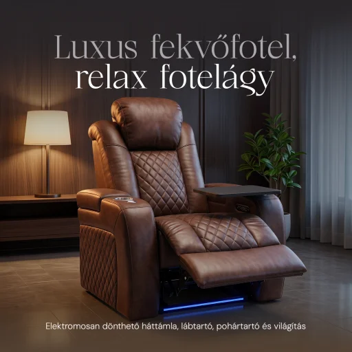 Luxus, egyszemélyes fekvőfotel, relax fotelágy elektromosan dönthető háttámlával, lábtartóval, pohártartóval és világítással barna bőr (L4630-3906) - 2