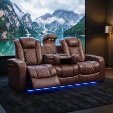 Luxus, háromszemélyes fekvőfotel, relax fotelágy elektromosan dönthető háttámlával, lábtartóval, pohártartóval és világítással barna bőr (L4630-7406)