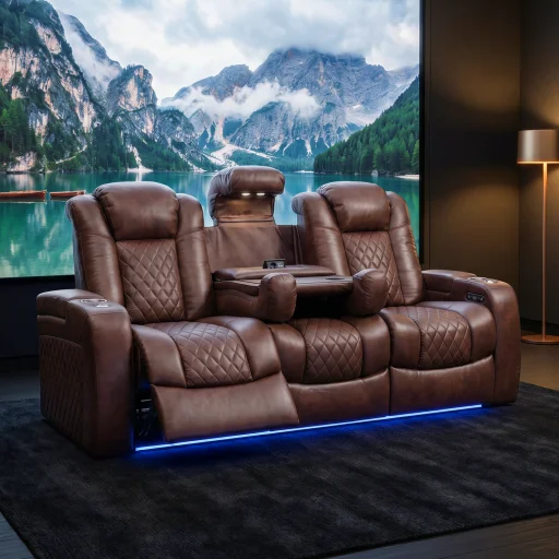 Luxus, háromszemélyes fekvőfotel, relax fotelágy elektromosan dönthető háttámlával, lábtartóval, pohártartóval és világítással barna bőr (L4630-7406) - 1