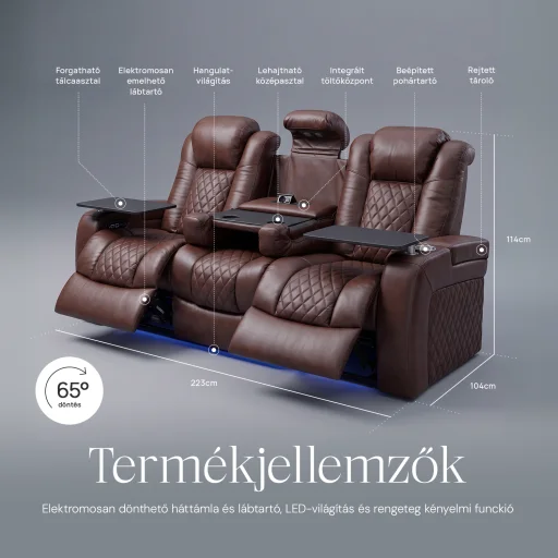 Luxus, háromszemélyes fekvőfotel, relax fotelágy elektromosan dönthető háttámlával, lábtartóval, pohártartóval és világítással barna bőr (L4630-7406) - 4