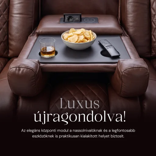 Luxus, háromszemélyes fekvőfotel, relax fotelágy elektromosan dönthető háttámlával, lábtartóval, pohártartóval és világítással barna bőr (L4630-7406) - 5