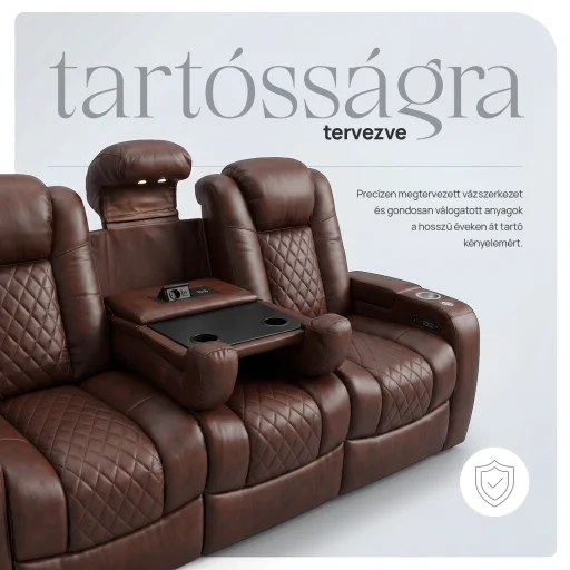 Luxus, háromszemélyes fekvőfotel, relax fotelágy elektromosan dönthető háttámlával, lábtartóval, pohártartóval és világítással barna bőr (L4630-7406) - 9