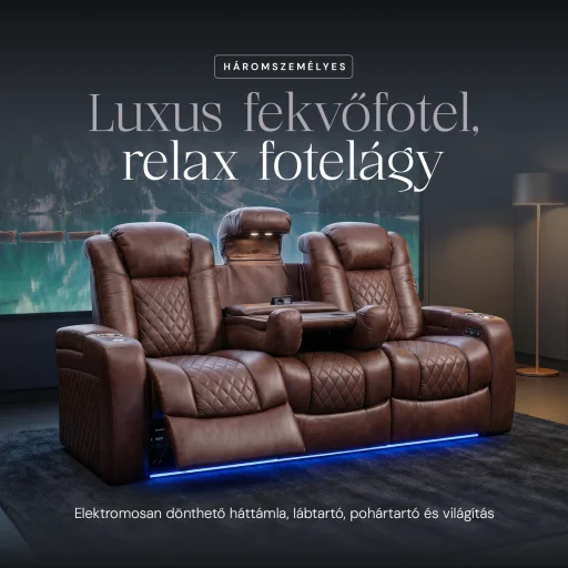 Luxus, háromszemélyes fekvőfotel, relax fotelágy elektromosan dönthető háttámlával, lábtartóval, pohártartóval és világítással barna bőr (L4630-7406) - 2