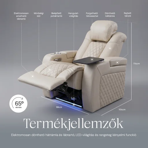 Luxus, egyszemélyes fekvőfotel, relax fotelágy elektromosan dönthető háttámlával, lábtartóval, pohártartóval és világítással bézs bőr (L4630-3906) - 4