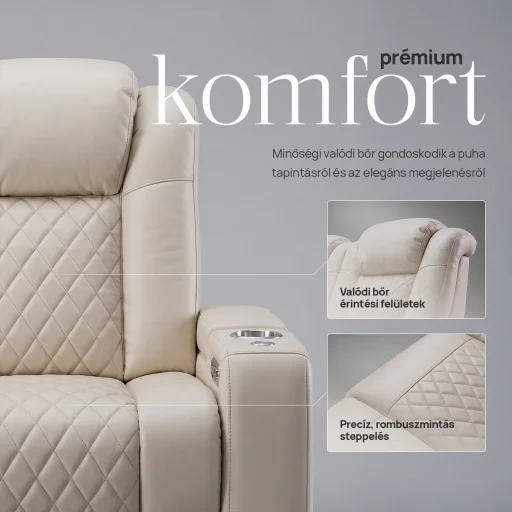 Luxus, háromszemélyes fekvőfotel, relax fotelágy elektromosan dönthető háttámlával, lábtartóval, pohártartóval és világítással bézs bőr (L4630-7406) - 5