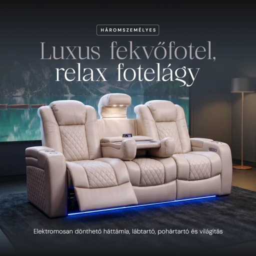 Luxus, háromszemélyes fekvőfotel, relax fotelágy elektromosan dönthető háttámlával, lábtartóval, pohártartóval és világítással bézs bőr (L4630-7406) - 2