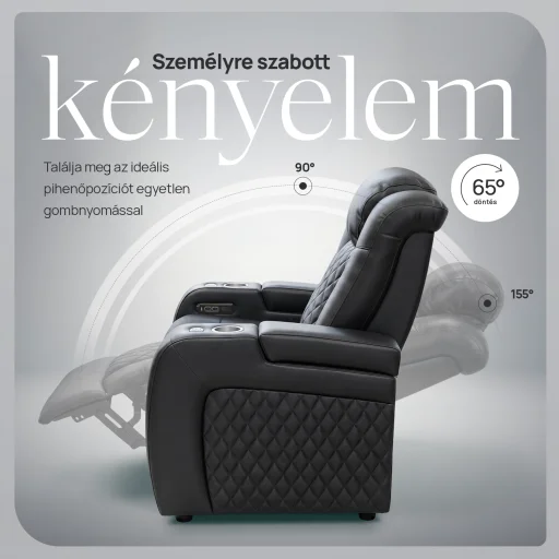 Luxus, egyszemélyes fekvőfotel, relax fotelágy elektromosan dönthető háttámlával, lábtartóval, pohártartóval és világítással fekete bőr (L4630-3906) - 3