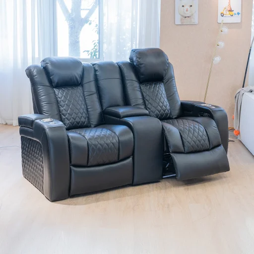 Luxus, kétszemélyes fekvőfotel, relax fotelágy elektromosan dönthető háttámlával, lábtartóval, pohártartóval és világítással fekete bőr (L4630-8406) - 10