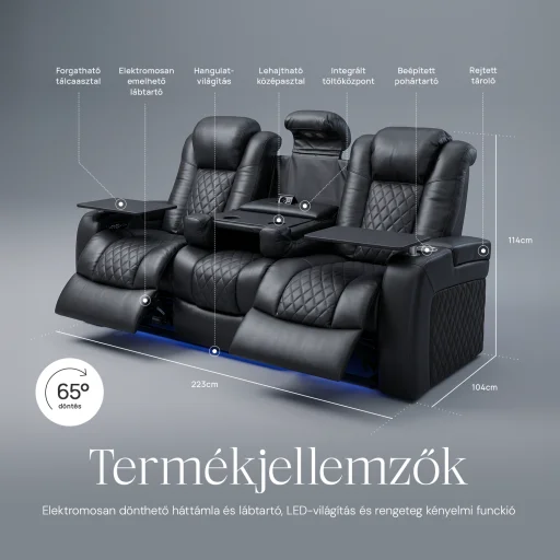 Luxus, háromszemélyes fekvőfotel, relax fotelágy elektromosan dönthető háttámlával, lábtartóval, pohártartóval és világítással fekete bőr (L4630-7406) - 3