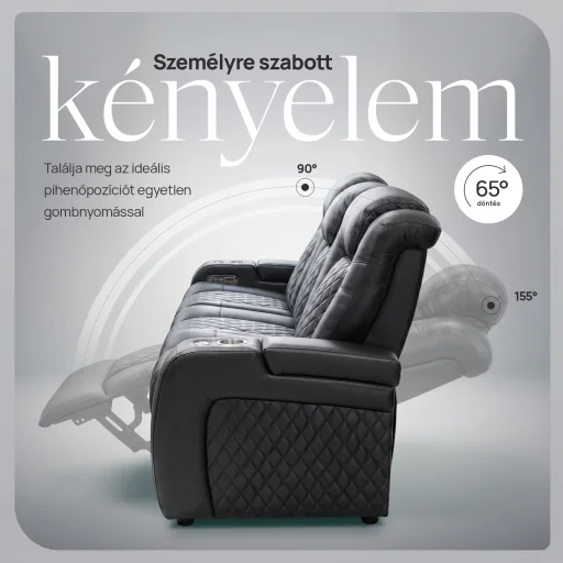 Luxus, háromszemélyes fekvőfotel, relax fotelágy elektromosan dönthető háttámlával, lábtartóval, pohártartóval és világítással fekete bőr (L4630-7406) - 11