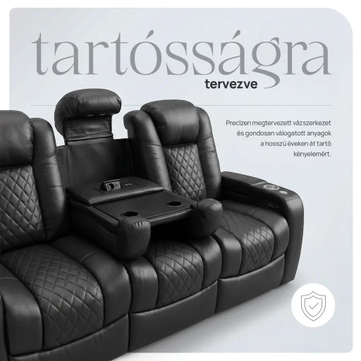 Luxus, háromszemélyes fekvőfotel, relax fotelágy elektromosan dönthető háttámlával, lábtartóval, pohártartóval és világítással fekete bőr (L4630-7406) - 4