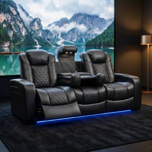 Luxus, háromszemélyes fekvőfotel, relax fotelágy elektromosan dönthető háttámlával, lábtartóval, pohártartóval és világítással fekete bőr (L4630-7406) - 1
