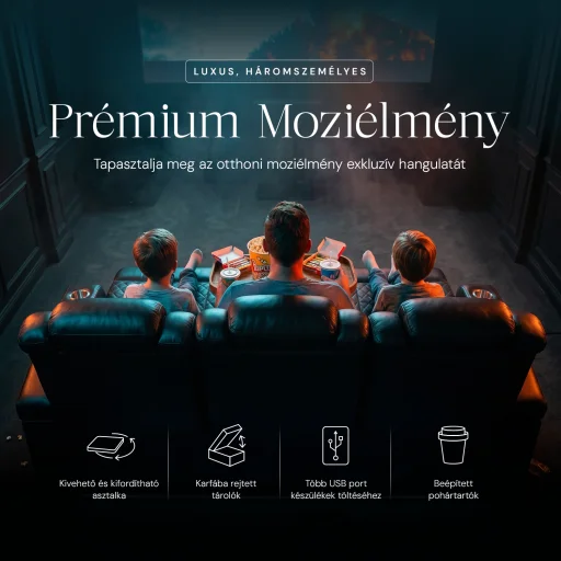Luxus, háromszemélyes fekvőfotel, relax fotelágy elektromosan dönthető háttámlával, lábtartóval, pohártartóval és világítással fekete bőr (L4630-7406) - 5