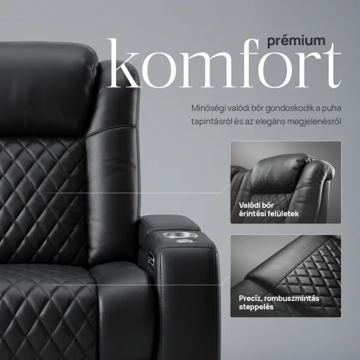 Luxus, háromszemélyes fekvőfotel, relax fotelágy elektromosan dönthető háttámlával, lábtartóval, pohártartóval és világítással fekete bőr (L4630-7406) - 9