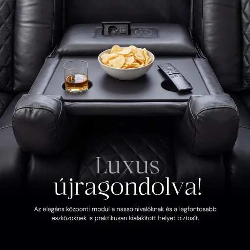 Luxus, háromszemélyes fekvőfotel, relax fotelágy elektromosan dönthető háttámlával, lábtartóval, pohártartóval és világítással fekete bőr (L4630-7406) - 10