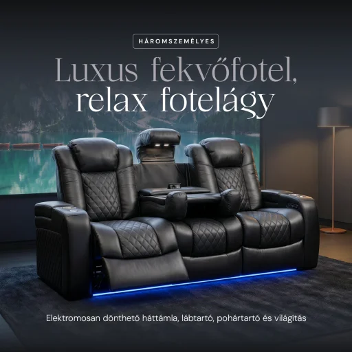 Luxus, háromszemélyes fekvőfotel, relax fotelágy elektromosan dönthető háttámlával, lábtartóval, pohártartóval és világítással fekete bőr (L4630-7406) - 2