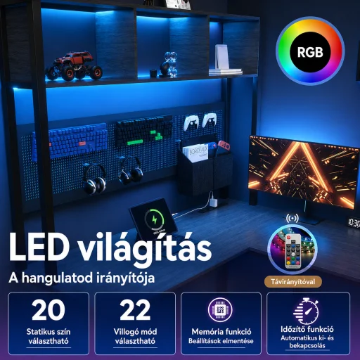 L alakú Gamer asztal, íróasztal 120*48*152cm, fekete LED világítással, hálózati elosztóval - 3