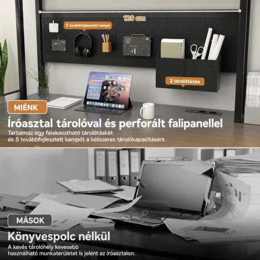 L alakú Gamer asztal, íróasztal 120*48*152cm, fekete LED világítással, hálózati elosztóval - 4