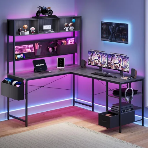 L alakú Gamer asztal, íróasztal 120*48*152cm, fekete LED világítással, hálózati elosztóval - 1