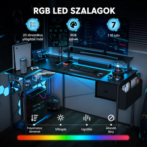 L alakú íróasztal, gamer asztal 120*83*74cm, fekete LED világítás, EU hálózati elosztóval, USB porttal (MK-1B) - 3