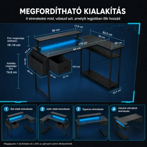 L alakú íróasztal, gamer asztal 120*83*74cm, fekete LED világítás, EU hálózati elosztóval, USB porttal (MK-1B) - 5