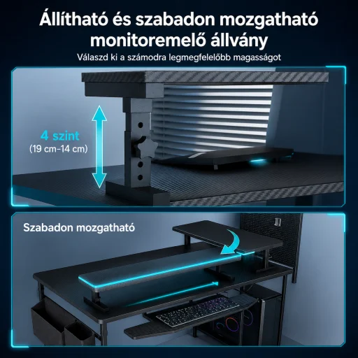 L alakú íróasztal, gamer asztal 120*83*74cm, fekete LED világítás, EU hálózati elosztóval, USB porttal (MK-1B) - 6