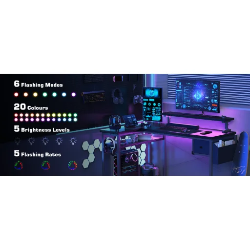 L alakú íróasztal, gamer asztal 120*83*74cm, fekete LED világítás, EU hálózati elosztóval, USB porttal (MK-1B) - 8