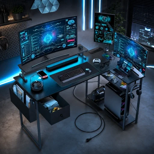 L alakú íróasztal, gamer asztal 120*83*74cm, fekete LED világítás, EU hálózati elosztóval, USB porttal (MK-1B) - 1