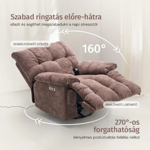 Elektromos relax fotelágy ringató, forgatható barna bársony szövet (JN-D8108A30) - 3