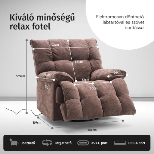Elektromos relax fotelágy ringató, forgatható barna bársony szövet (JN-D8108A30) - 4