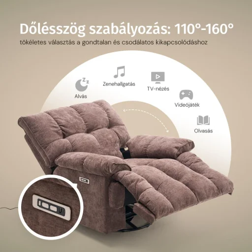 Elektromos relax fotelágy ringató, forgatható barna bársony szövet (JN-D8108A30) - 5