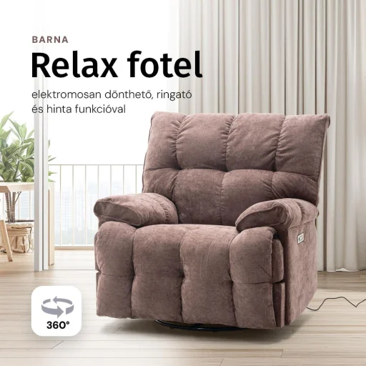 Elektromos relax fotelágy ringató, forgatható barna bársony szövet (JN-D8108A30) - 2