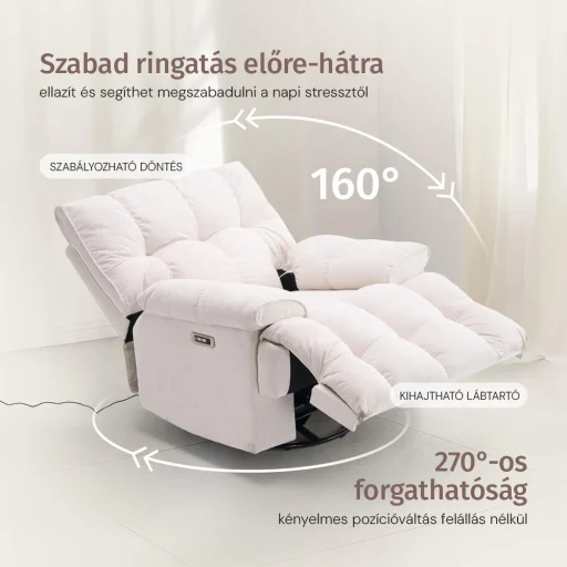 Elektromos relax fotelágy ringató, forgatható bézs bársony szövet (JN-D8108A30) - 3