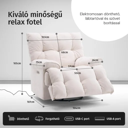 Elektromos relax fotelágy ringató, forgatható bézs bársony szövet (JN-D8108A30) - 6