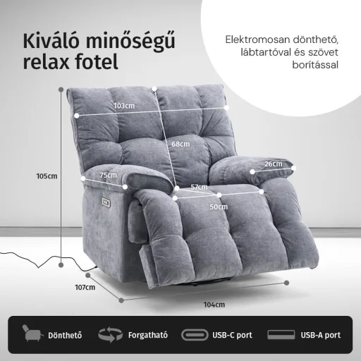 Elektromos relax fotelágy ringató, forgatható szürke bársony szövet (JN-D8108A30) - 3