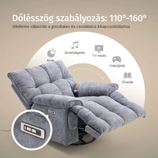 Elektromos relax fotelágy ringató, forgatható szürke bársony szövet (JN-D8108A30) - 4