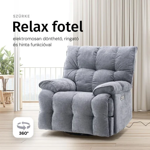 Elektromos relax fotelágy ringató, forgatható szürke bársony szövet (JN-D8108A30) - 2